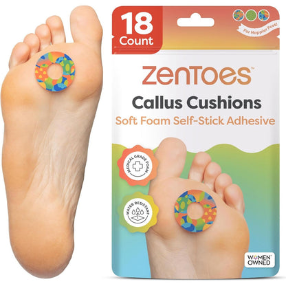 ZenToes Callus Cushions | Water-Resistant Self-Stick Adhesive Corn Pads | Foot, Heel, & Toe Discomfort Relief | Soft Foam for Friction Protection | Ideal for Active Lifestyles | 24-Pack