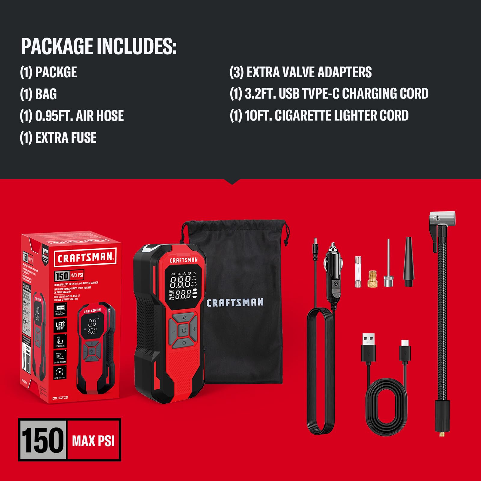 Buy now CRAFTSMAN Tire Inflator Portable Air Compressor, Cordless Mini Air Pump for Car Tires with Digital Tire Pressure Gauge, 6000mAh Battery Powered Air Pump, Max Pressure 150 PSI, 12V DC Corded at indiglob india