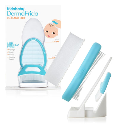 Buy now Frida Baby The 3-Step Cradle Cap System, DermaFrida The FlakeFixer, Sponge, Brush, Comb and Storage Stand for Babies with Cradle Cap, White-Blue at indiglob india