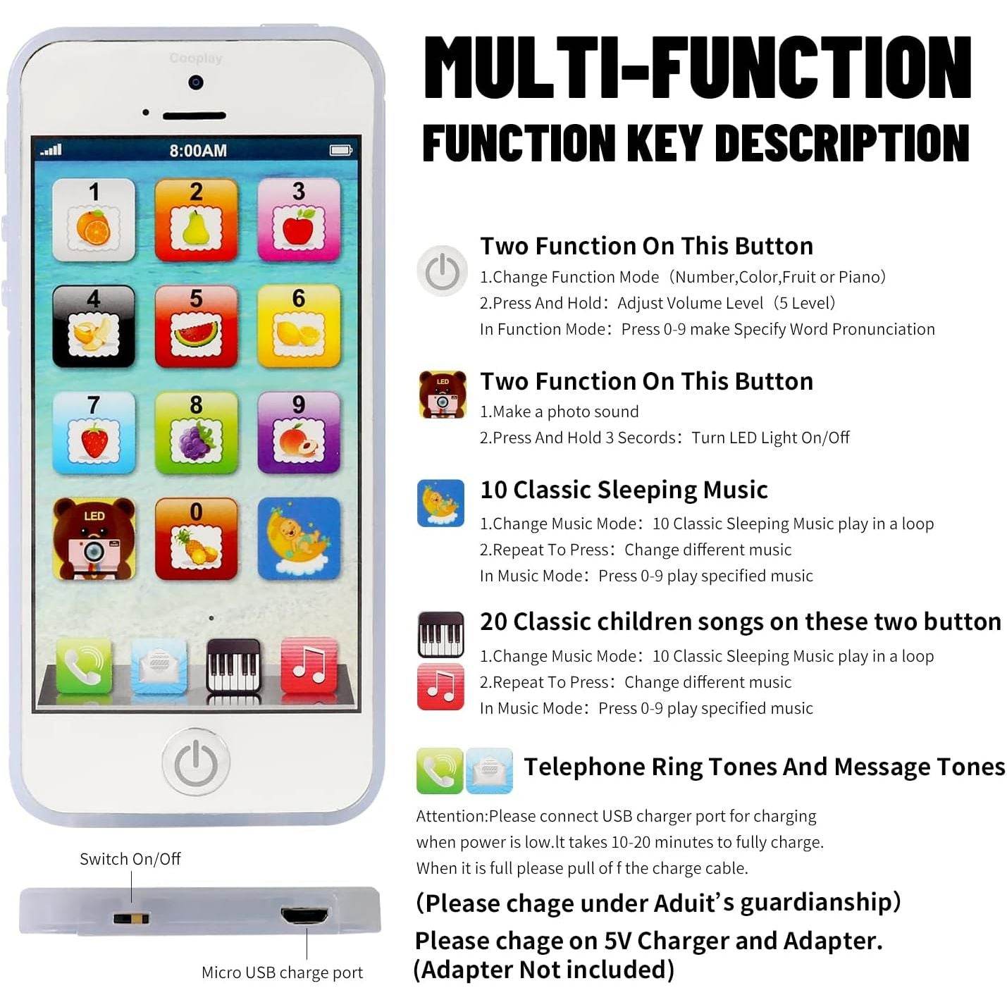 Cooplay Learning Smart Phone Toy Music Lullaby Song Touch Screen Type-C Recharable Cell Phone Mobile Yphone for Toddler Baby - My Store