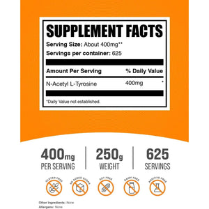 BulkSupplements.com N-Acetyl L-Tyrosine Powder -Tyrosine Supplement, NALT Powder, Amino Acid Supplement - Unflavored & Gluten Free, 400mg per Serving, 250g (8.8 oz) (Pack of 1)