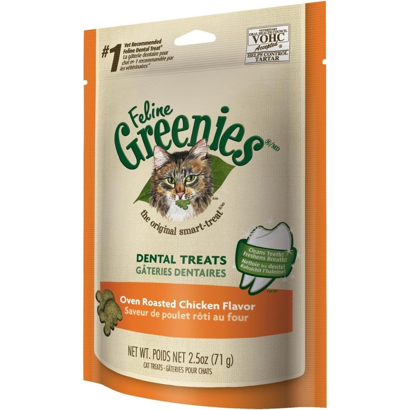 Greenies Feline Natural Dental Care Cat Treats Oven Roasted Chicken Flavor, 2.5 oz. Pouch