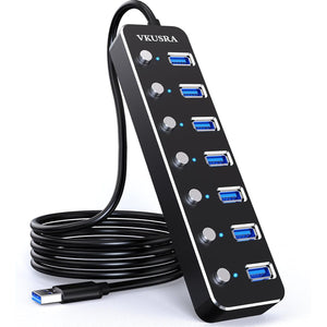USB Hub, VKUSRA 7 Port USB Hub 3.0 with 4ft USB Long Cable, and Aluminum USB 3.0 Hub with Individual On/Off Switch and LED Indicator, USB Splitter for Laptop & PC, Power Adapter Not Included