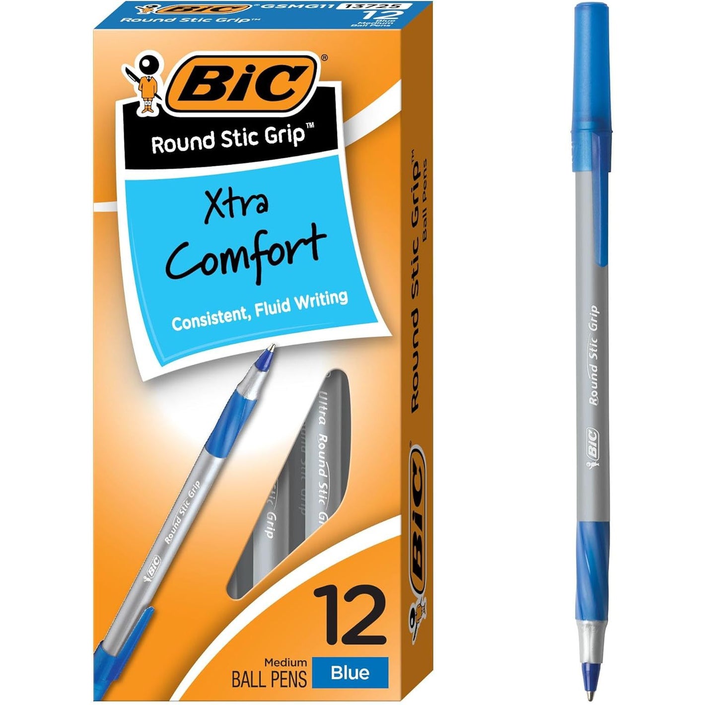 BIC Round Stic Grip Xtra Comfort Blue Ballpoint Pens, Medium Point (1.2mm), 12-Count Pack, Excellent Writing Pens With Soft Grip for Superb Comfort and Control