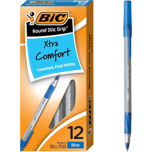 BIC Round Stic Grip Xtra Comfort Blue Ballpoint Pens, Medium Point (1.2mm), 12-Count Pack, Excellent Writing Pens With Soft Grip for Superb Comfort and Control