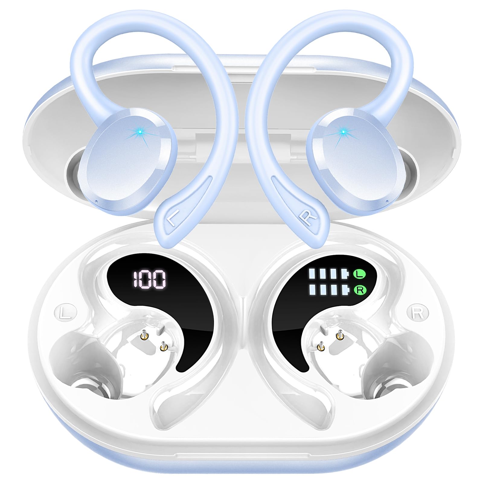 Buy now Ltinist Wireless Earbud, Bluetooth 5.3 Headphones Pure Bass Sound with Earhooks, 75H Battery Over Ear Headphones with Dual-LED Display, IP7 Waterproof Earphones Built-in Microphone for Running Sports Light blue at indiglob india