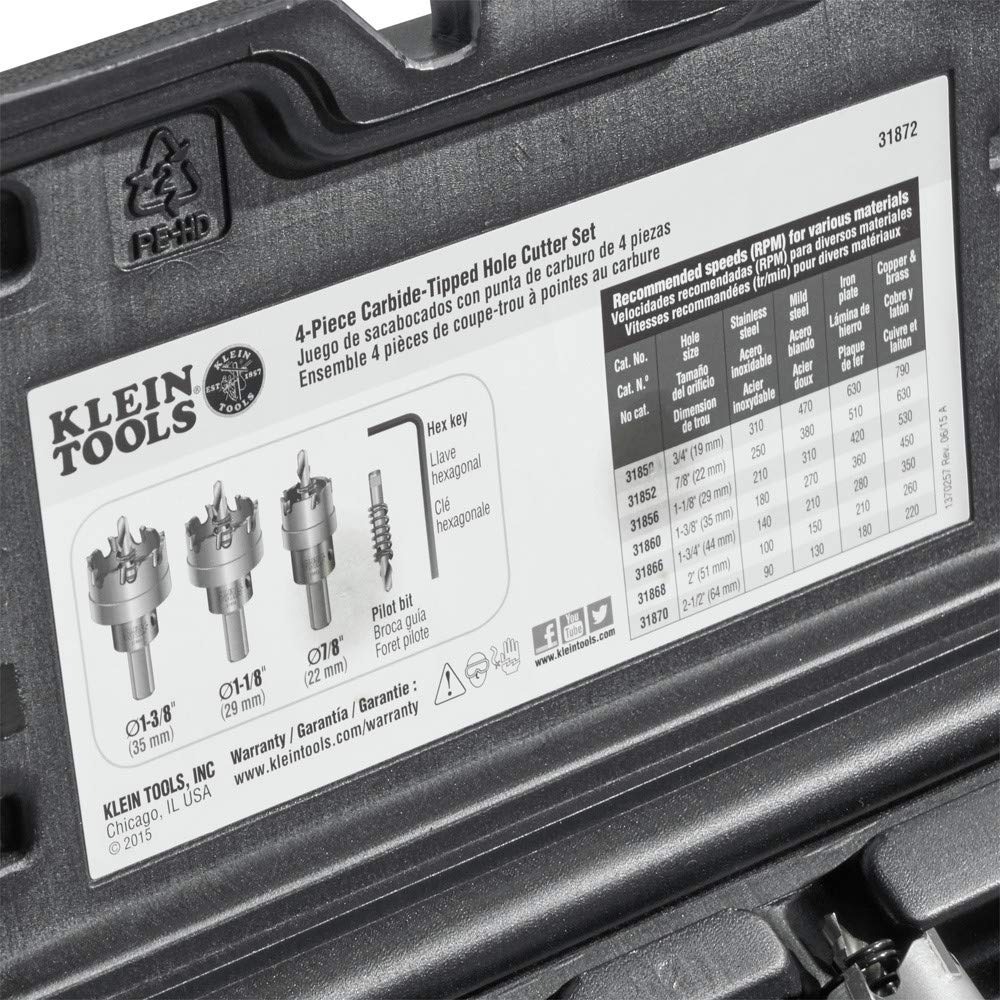 Buy now Klein Tools 31872 Heavy Duty Hole Saw Kit, Includes Carbide Hole Cutters and Pilot Bit in Rust-Proof Molded Plastic Case, 4-Piece at indiglob india