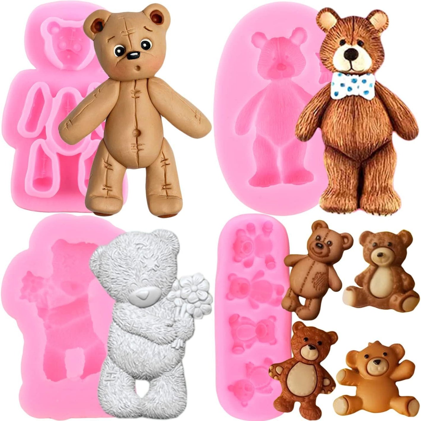 ZiXiang Bear Silicone Fondant Molds For Teddy Bears Chocolate Candy Gum Paste Crafting Polymer Clay Cake Decorating Set of 4