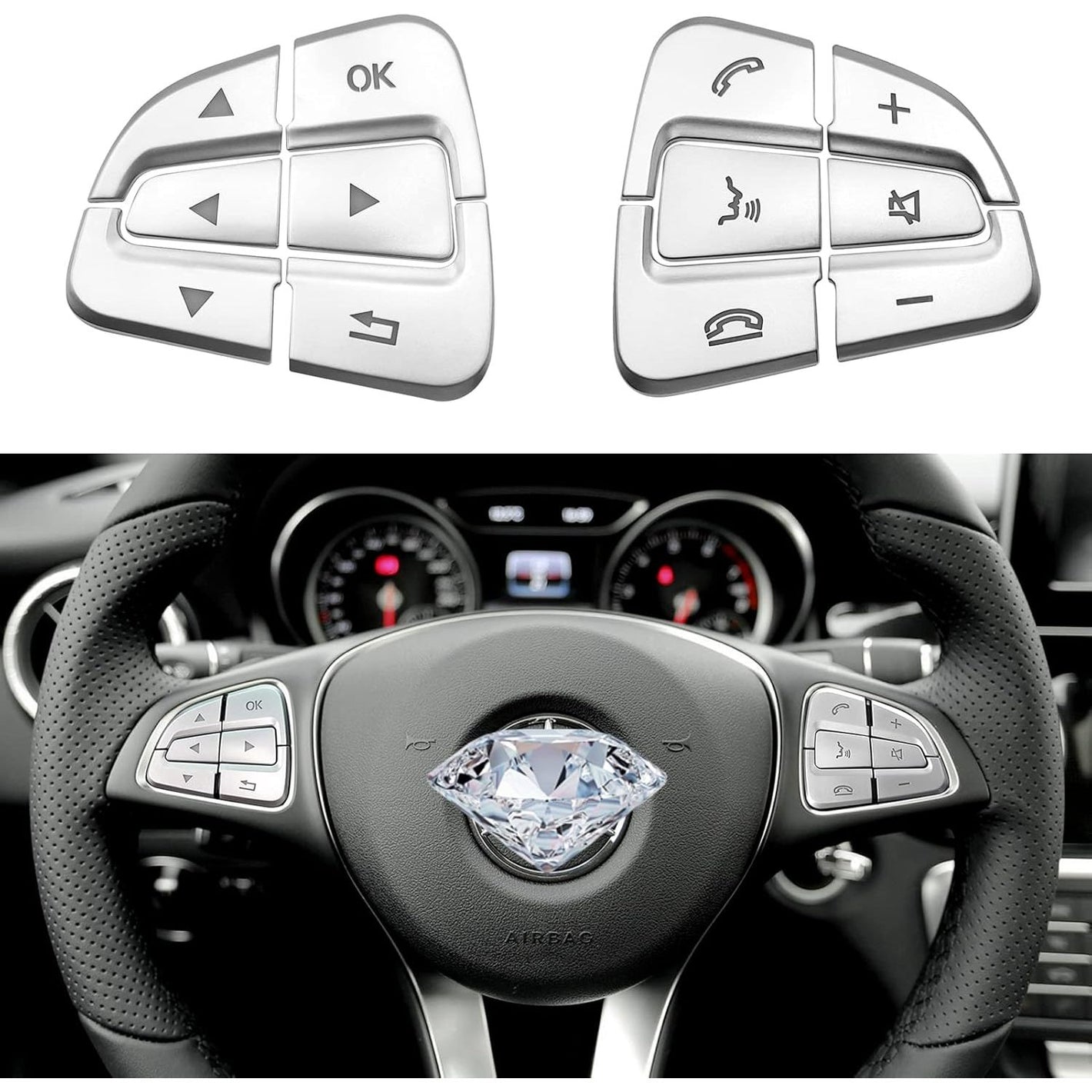 Moonlinks Steering Wheel Button Covers Trim Stickers Compatible with Mercedes Benz A B GLA CLA GLS GLE CLS SL Class,Steering Wheel Button lnner Decoration Sticker 12PCS,Chromed-Silver(Model B)