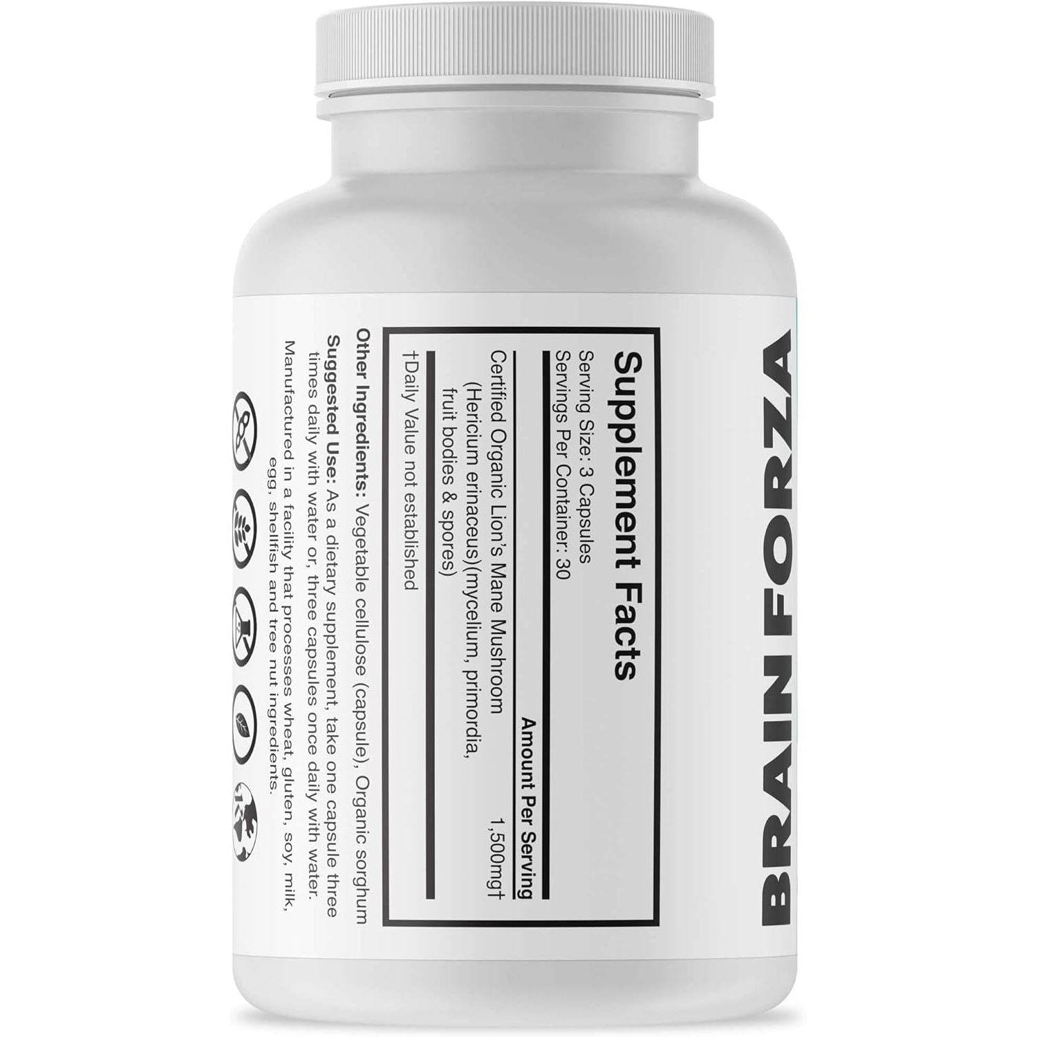 Brain Forza Organic Lion's Mane Mushroom Capsules, Natural Supplement for Memory Support, Focus, Clarity, Nerve Health, Non-GMO, Vegan, Organic, 90 Capsules - My Store