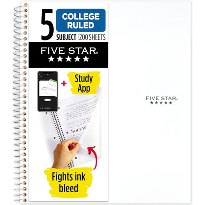 Five Star Spiral Notebook + Study App, 5 Subject, College Ruled Paper, 8-1/2" x 11", 200 Sheets, Fights Ink Bleed, Water Resistant Cover, Amethyst Purple (38748)