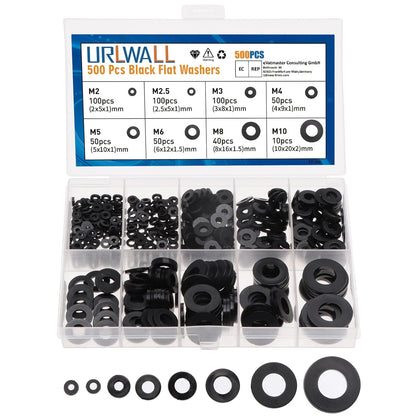 500Pcs Nylon Flat Washer Assortment Set, Washers Metric Sealing Spacer Gasket Ring Washers Set, 8 Sizes - M2, M2.5, M3, M4, M5, M6, M8, M10 (Black)