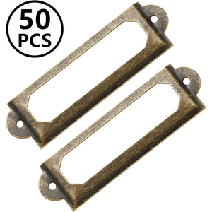 50Pcs Metal Library Label Holders, File Cabinet Label Frames with Screws, Card Tag Label Holder for Office Drawers Shelves (Antique Bronze, 60x17mm)