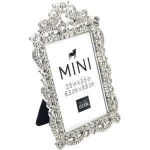 Bejeweled Silver Tone Metal Mini Picture Frame, 2.5" x 3.5"