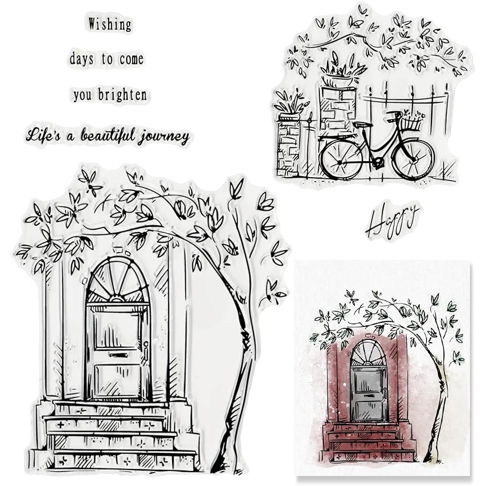 Door Bike Tree Scenery Clear Stamps for Card Making and Photo Album Decorations, Blessing Words Transparent Rubber Stamps Seal for DIY Scrapbooking