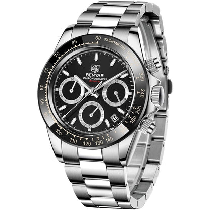 Men's Watch BENYAR Fashion Quartz Movement Wrist Watch Analog Chronograph Business Waterproof and Scratch Resistant Stainless Steel Strap Leisure Sports Watches for Men