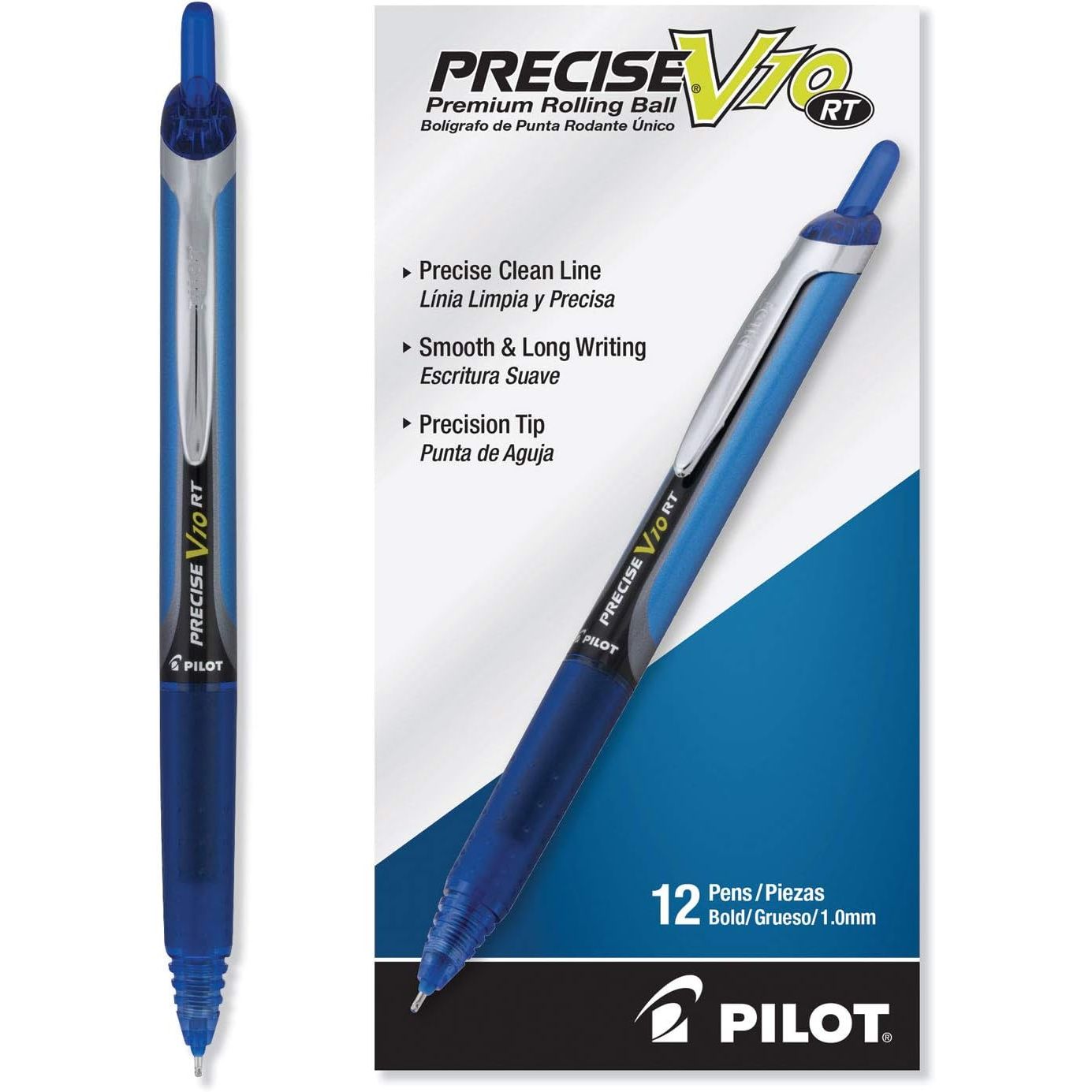 Pilot, Precise V10 RT Refillable & Retractable Rolling Ball Pens, Bold Point 1 mm, Blue, Pack of 12