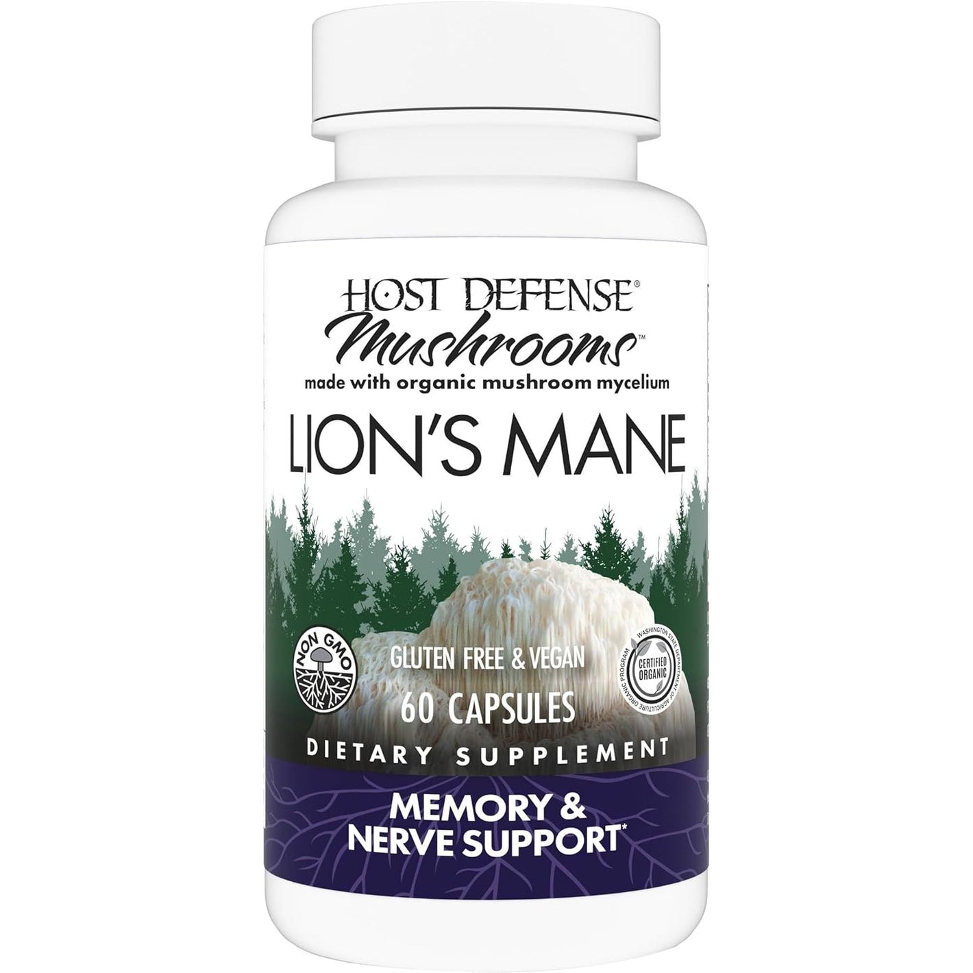 Host Defense Mushrooms Lion's Mane - Supplement Capsules for Brain Health Support - Mushroom Support for Focus & Memory Function - Immune & Nervous System Supplement - 60 Capsules (30 Servings)*