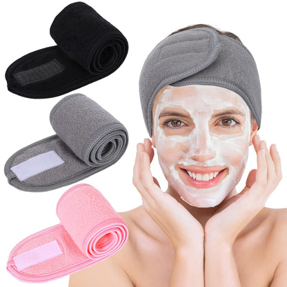 Whaline 3Pcs Spa Facial Headband Make Up Wrap Head Terry Cloth Headband Adjustable Washable Towel for Face Washing Shower Skincare Facial Treatment Sport Fits Makeup (White, Black, Gray)