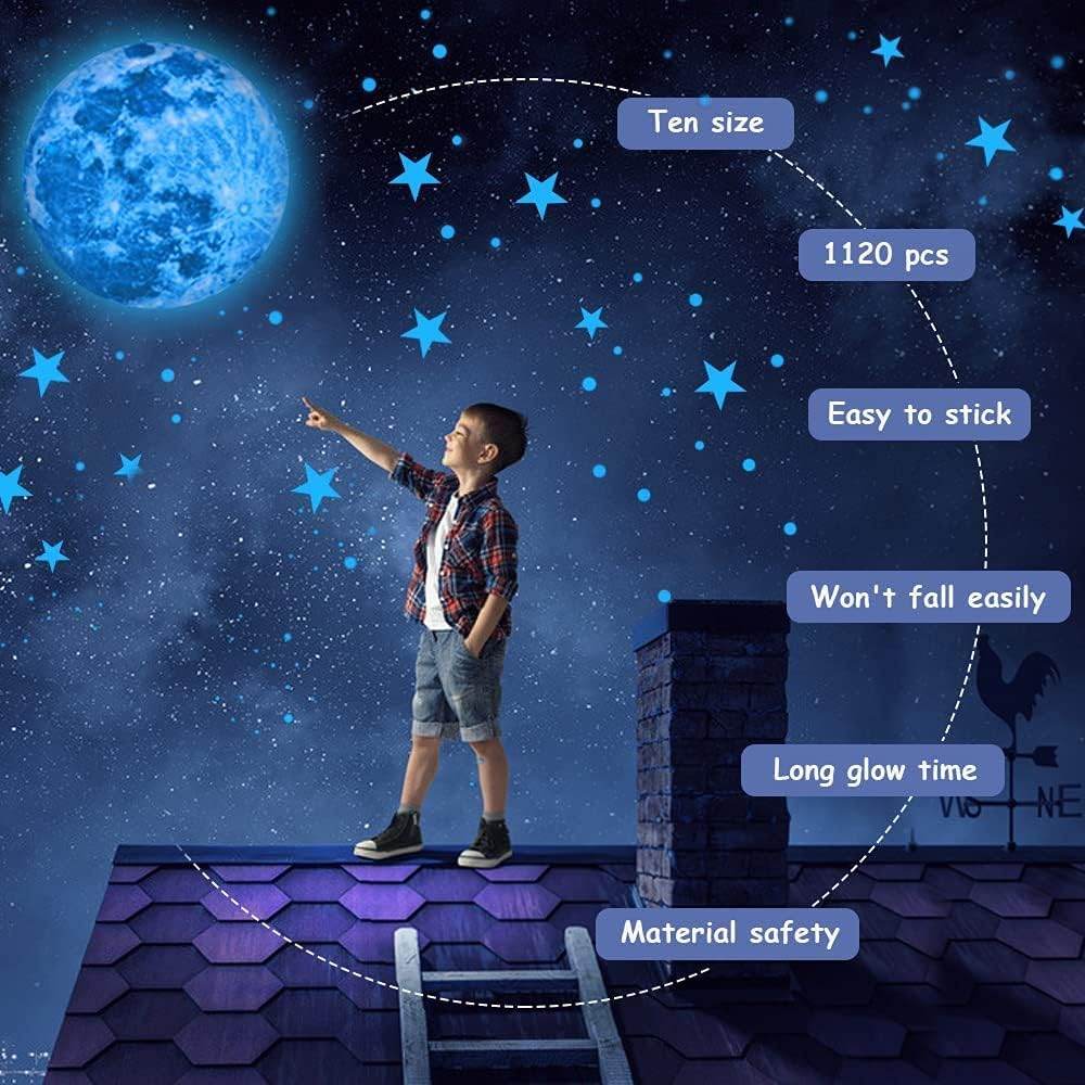 1120 Pcs Glow in The Dark Stars for Ceiling, Glowing Space and Moon Decals Universe Stickers for Kids Excellent Gifts for Boys Girls Nursery Bedroom Living Room Birthday Gift Room Decor - My Store