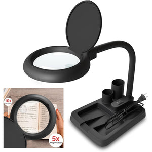 Magnifying Glass with Light and Stand-5X 10X Magnifying Lamp, Magnifying Glass for Reading, Desk Lamp with Magnifier for Close Work (Black)