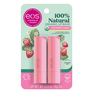 eos 100% Natural & Organic Lip Balm Sticks - Strawberry Sorbet, All Natural Lip Balm, All-Day Moisture, Dermatologist Recommended, 0.14 oz, 2-Pack