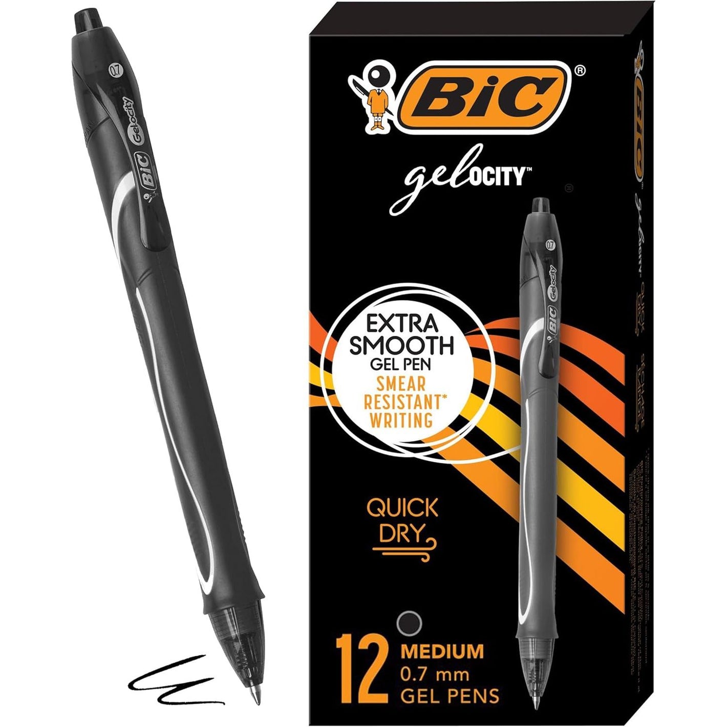 BIC Gelocity Quick Dry Black Gel Pens, Medium Point (0.7mm), 12-Count Pack, Retractable Gel Pens With Comfortable Full Grip