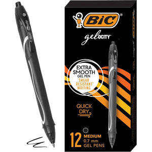 BIC Gelocity Quick Dry Black Gel Pens, Medium Point (0.7mm), 12-Count Pack, Retractable Gel Pens With Comfortable Full Grip