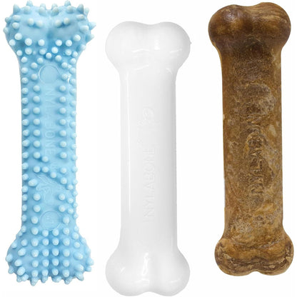 Nylabone Puppy Chew Toys & Natural Treat Triple Pack, Puppy Enrichment Teething Toys, Pink, Chicken & Bacon Flavor, Small Dogs - Up to 25 Ibs, 3 Pack