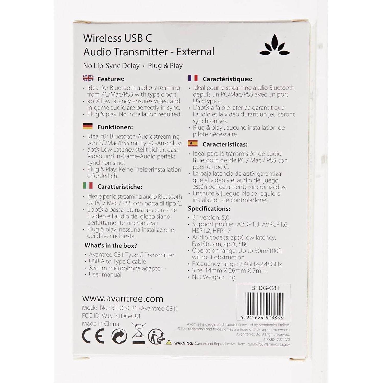 Avantree C81 USB-C Bluetooth Adapter for PS5 - Connect Headphones Wirelessly with aptX Low Latency Support and Included Mini Mic - My Store