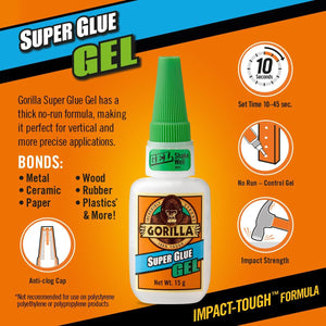 Gorilla Super Glue Gel, 15 Gram, Clear, (Pack of 1)