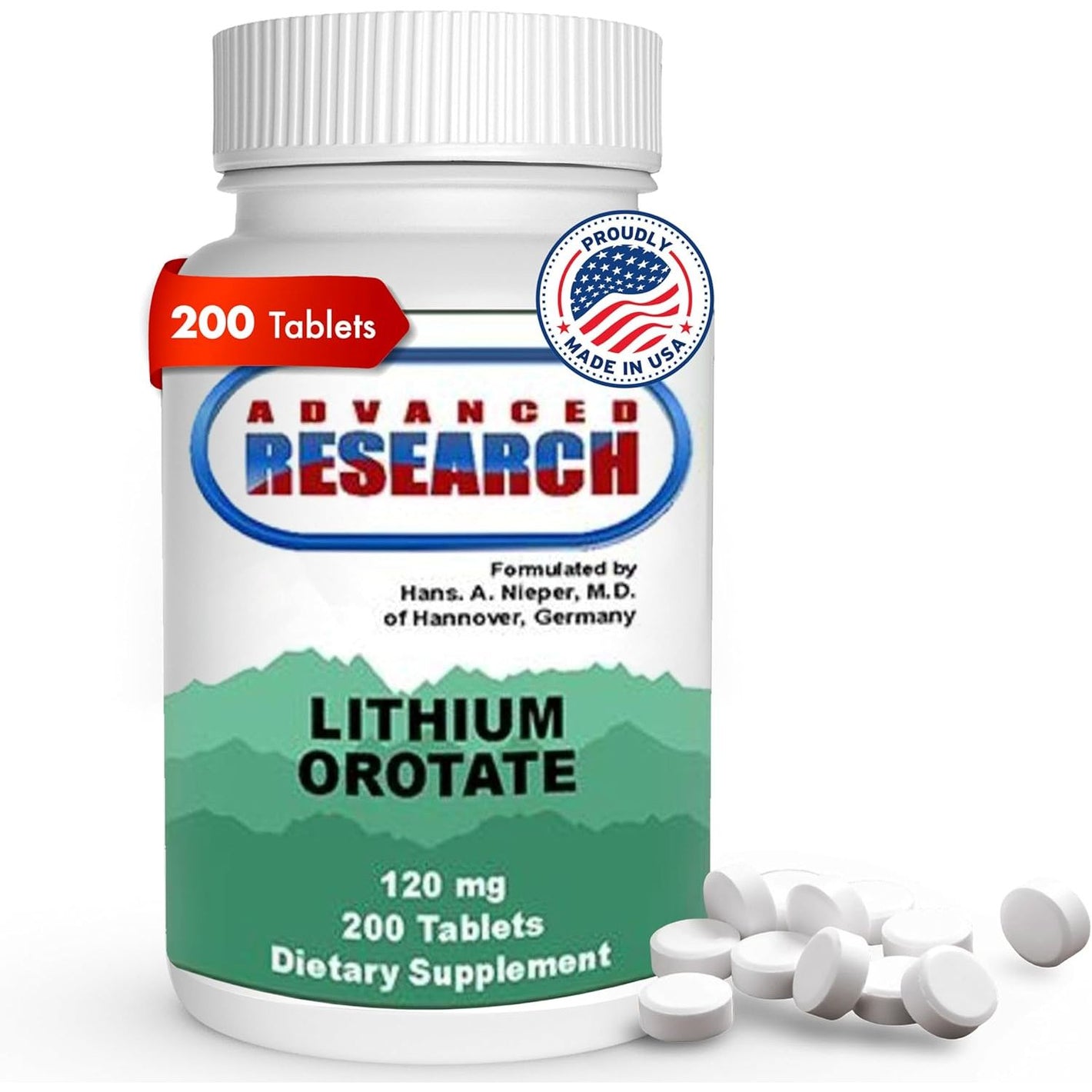 Dr. Hans Nieper Lithium Orotate 5mg, 200 Count, Lab Tested, Non-GMO, Gluten Free, Vegan Friendly, Supports Brain Health