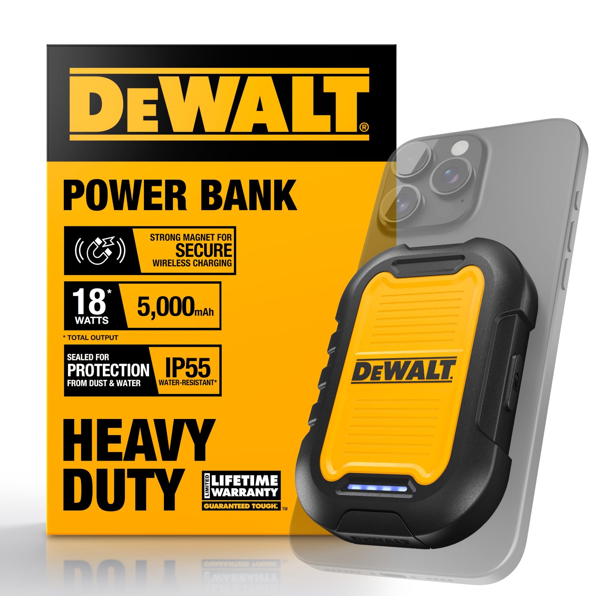 Buy now DEWALT Heavy Duty Magnetic Power Bank 5,000mAh, Rugged Wireless Portable Charger 18W Fast Charging Battery Pack, USB-C to C w/USB Adapter Cable 4' Water Resistant Works w/Magsafe iPhone 17/16/15/14 at indiglob india
