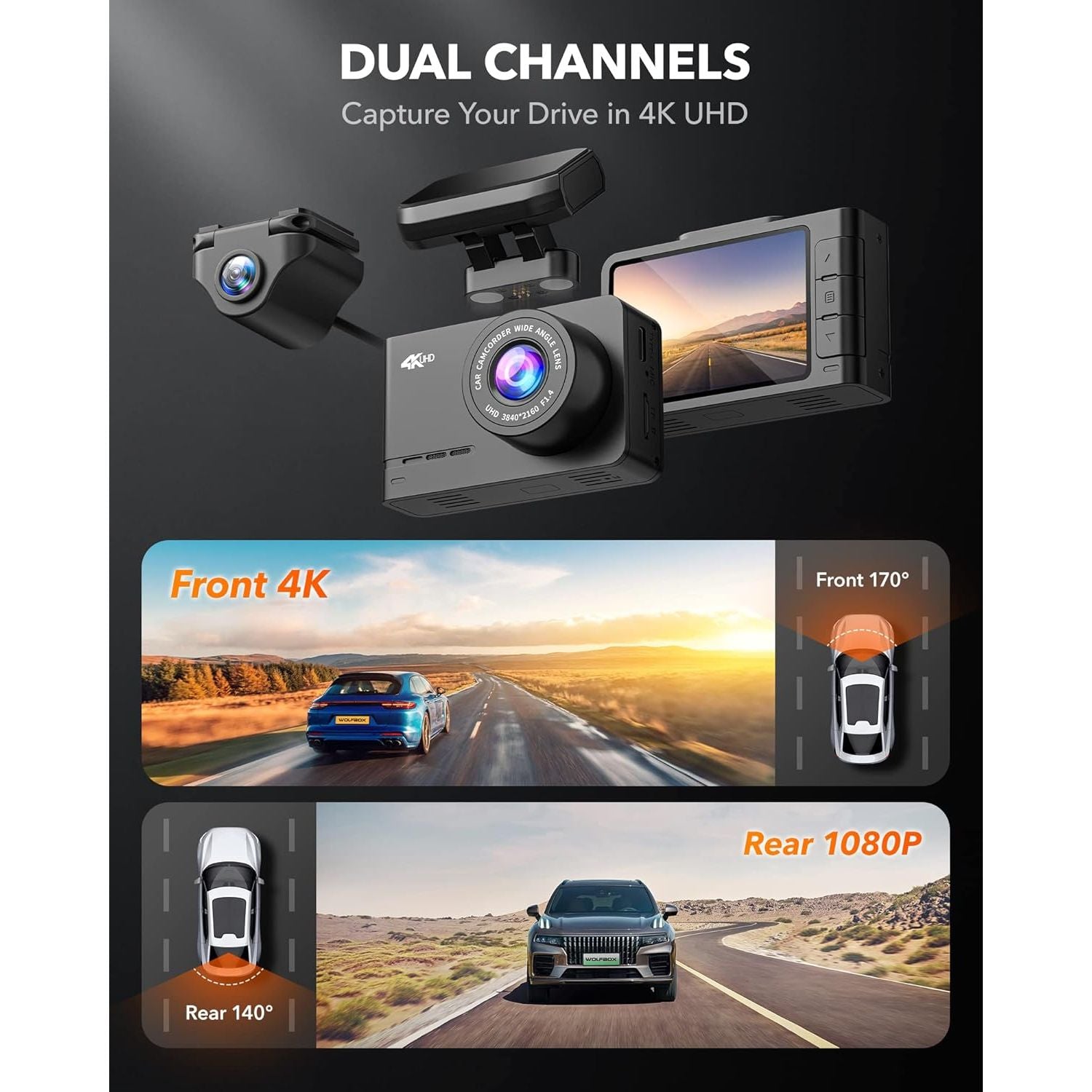 Buy now WOLFBOX Dash Cam Front and Rear, D07 4K Dash Camera for Cars with WiFi GPS, 4K/2.5K + 1080P Dual Dashcam with 2.45" LCD, 170°FOV, Night Vision, Loop Recording, Smart Parking Monitor, Magnetic Mount at indiglob india
