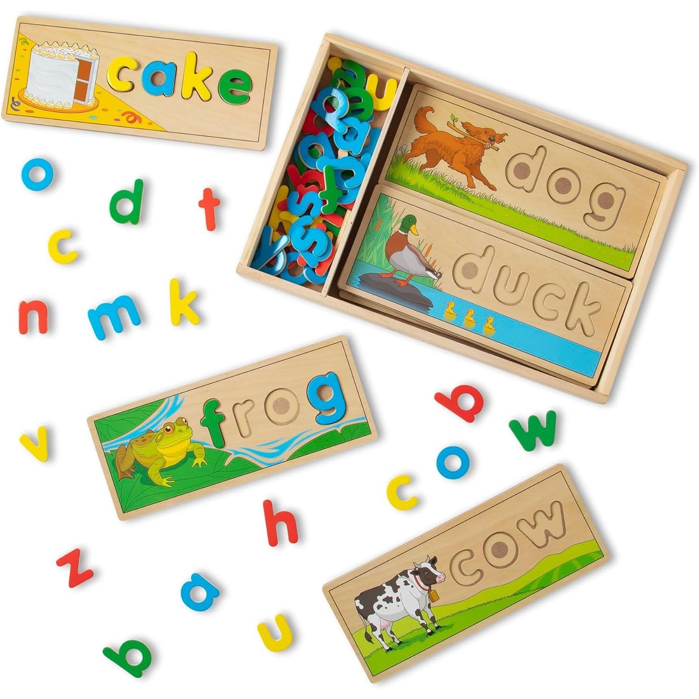 Melissa & Doug See & Spell Wooden Educational Toy with 8 Double-Sided Spelling Boards and 64 Letters Preschool Learning Activities, See & Spell Learning Toys for Kids Ages 4+