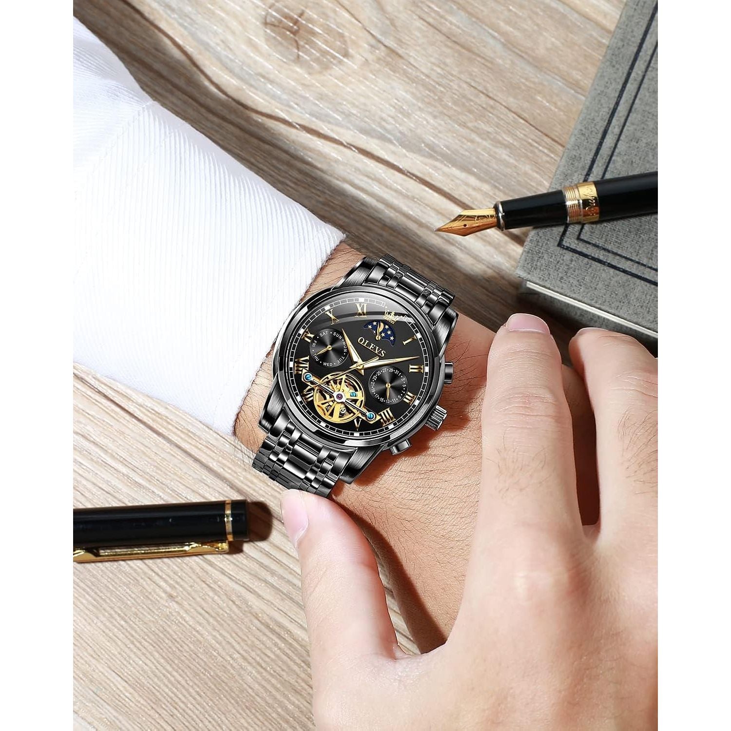 Buy now OLEVS Mens Automatic Watches Skeleton Tourbillon Mechanical Self Winding Luxury Dress Wrist Watch Moon Phase Day Date Waterproof Luminous at indiglob india