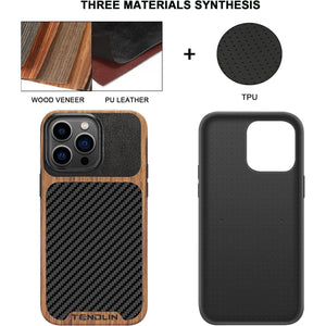 TENDLIN Compatible with iPhone 14 Pro Max Case Wood Grain with Carbon Fiber Texture Design Leather Hybrid Slim Case Black