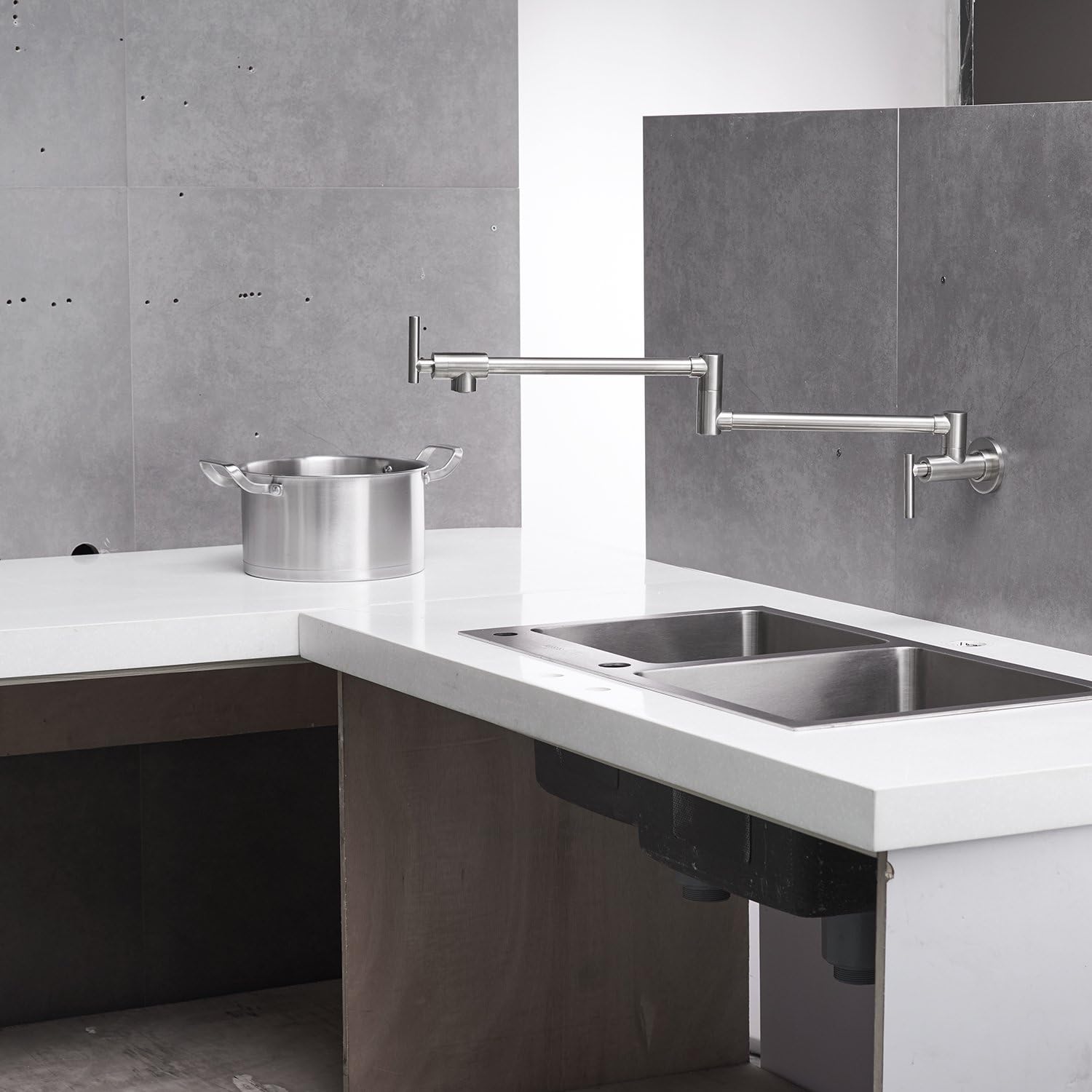 Buy now Pot Filler Faucet Brushed Nickel Wall Mount Commercial Kitchen Faucets Brass Folding Stretchable with Single Hole Two Handles by Aquafaucet at indiglob india