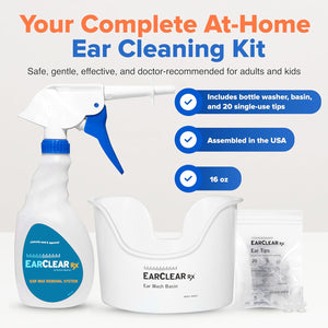EarClear Rx Complete Ear Wax Removal & Cleaning Kit – Safe, Gentle, Doctor-Recommended Ear Cleaning & Ear Wax Removal Kit for Adults & Kids – Includes Bottle Washer, Basin & 20 Rigid & Flexible Tips