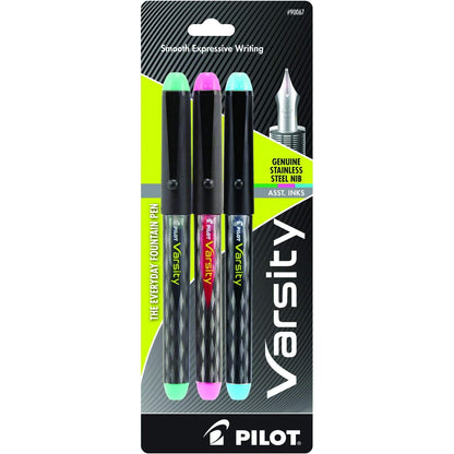 PILOT Precise Varsity Pre-Filled Fountain Pens, Medium Point Stainless Steel Nib, Black/Blue/Purple Inks, 3-Pack (90022)