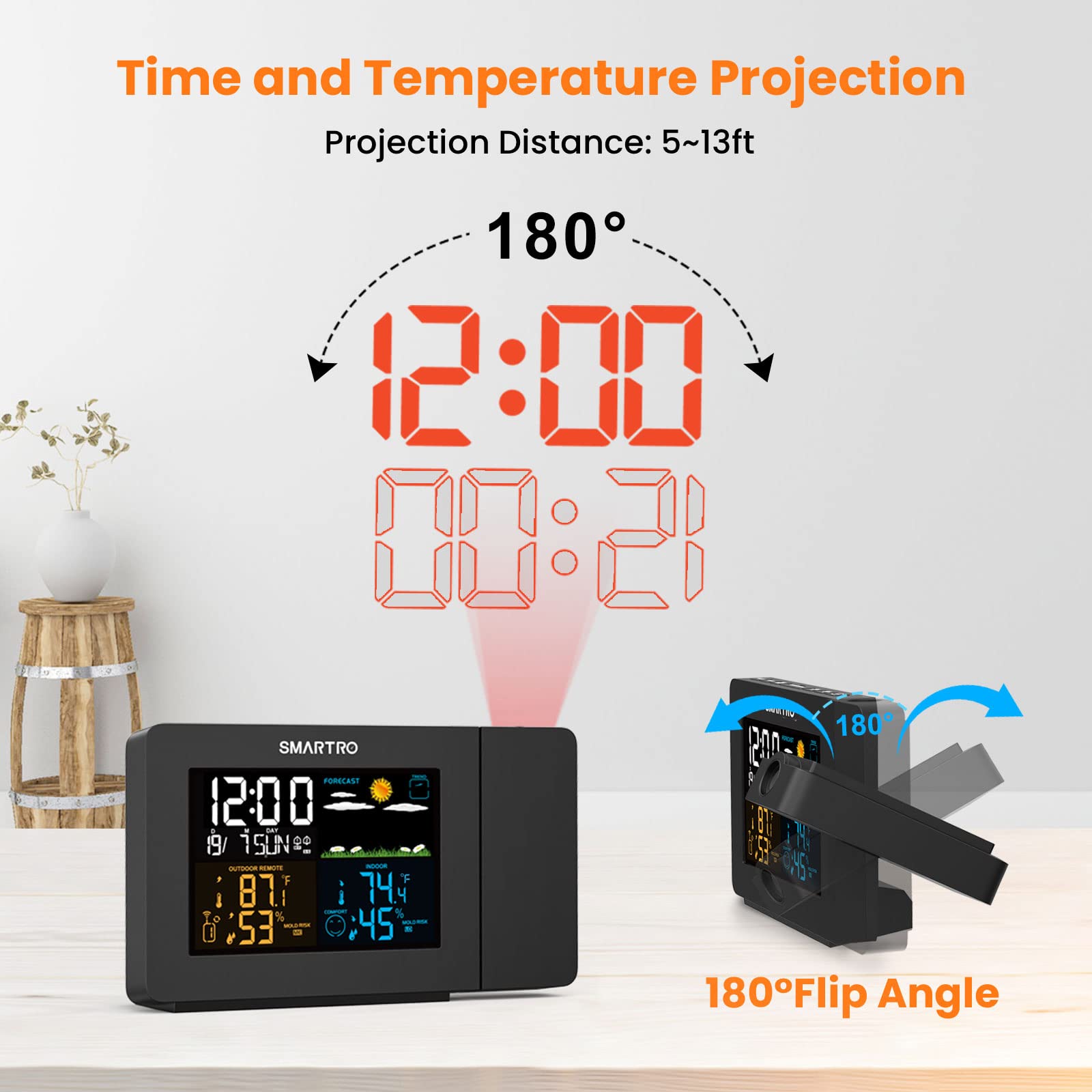 Buy now SMARTRO SC91 Projection Alarm Clock for Bedrooms with Weather Station, Wireless Indoor Outdoor Thermometer, Temperature Humidity Monitor Gauge Hygrometer at indiglob india