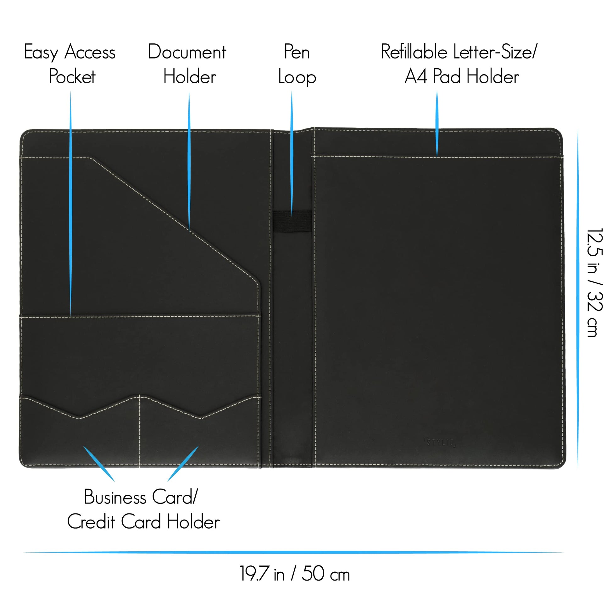 Buy now STYLIO Padfolio Portfolio Organizer Binder | Interview Resume Folder, Legal Document, Business Card Holder |w/Letter-Sized Notepad | Handsome Piano Noir Faux Leather Folio Matte Finish, Accent Stitch at indiglob india