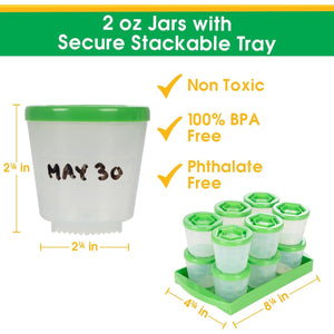 Baby Food Storage Containers w Write What You Want Lids (12 Pk) - 2oz Reusable Leakproof Plastic Jars & Tray- Freezer, Microwave & Dishwasher Safe- BPA/PVC Free, Compatible w Bullet Blender, Gift