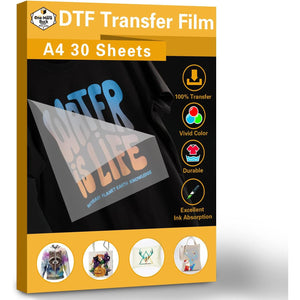 OneMoreBuck DTF Transfer A4 30 Sheets, Matte Clear PreTreat Sheets PET Heat Transfer Paper for DIY, Direct to Film Print on Any Textile