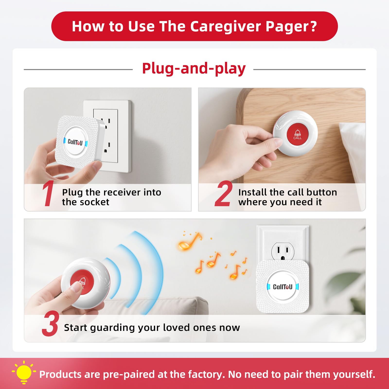 Buy now CallToU Wireless Caregiver Pager Smart Call System 2 SOS Call Buttons/Transmitters 2 Receivers Nurse Calling Alert Patient Help System for Home/Personal Attention Pager 500+Feet Plugin Receiver at indiglob india