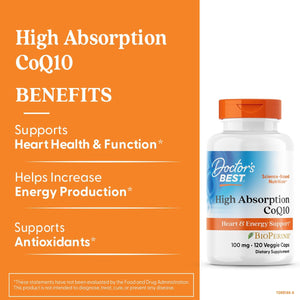 Doctor's Best High Absorption CoQ10 with Bioperine, Heart Health & Energy Production, Non-GMO, Gluten & Soy Free, Vegan, 100 Mg, 120 count