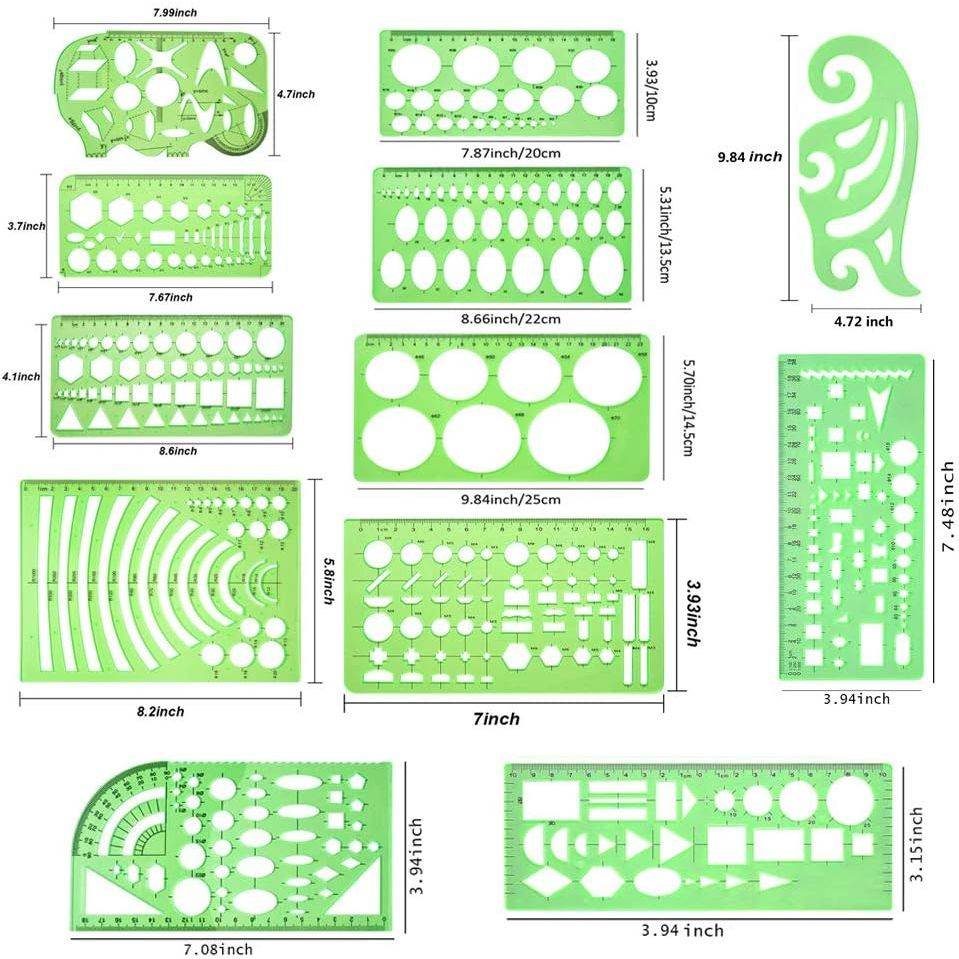 11 Pieces Geometric Drawings Templates Stencils Plastic Measuring Template Rulers Clear Green Shape Template for Drawing Engineering Drafting Building School Office Supplies - My Store