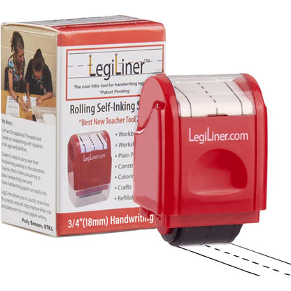 LEGILINER 3/4" Dashed Handwriting Line (RED) Teacher Stamp – Tri-Line Dashed Pattern. Classroom & Home Use. Refillable Ink Writing Practice Roller Stamp.