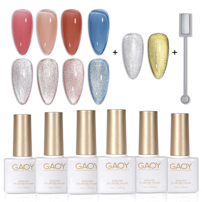 GAOY Gel Nail Polish Set in Jelly Red Pink Blue with Glitter Cat Eye Gel and Magnet for Manicure and Nail Art DIY at Home- Sheer Magic