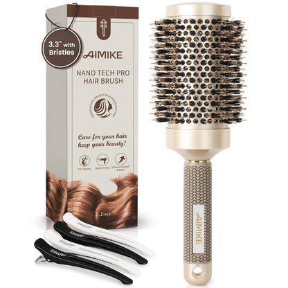 Buy now AIMIKE Round Hair Brush, Nano Thermal Ceramic & Ionic Tech, 2.1 Inch Barrel with Boar Bristles for Enhanced Texture, Golden, Hair Drying, Styling, Curling and Shine + 4 Free Clips at indiglob india